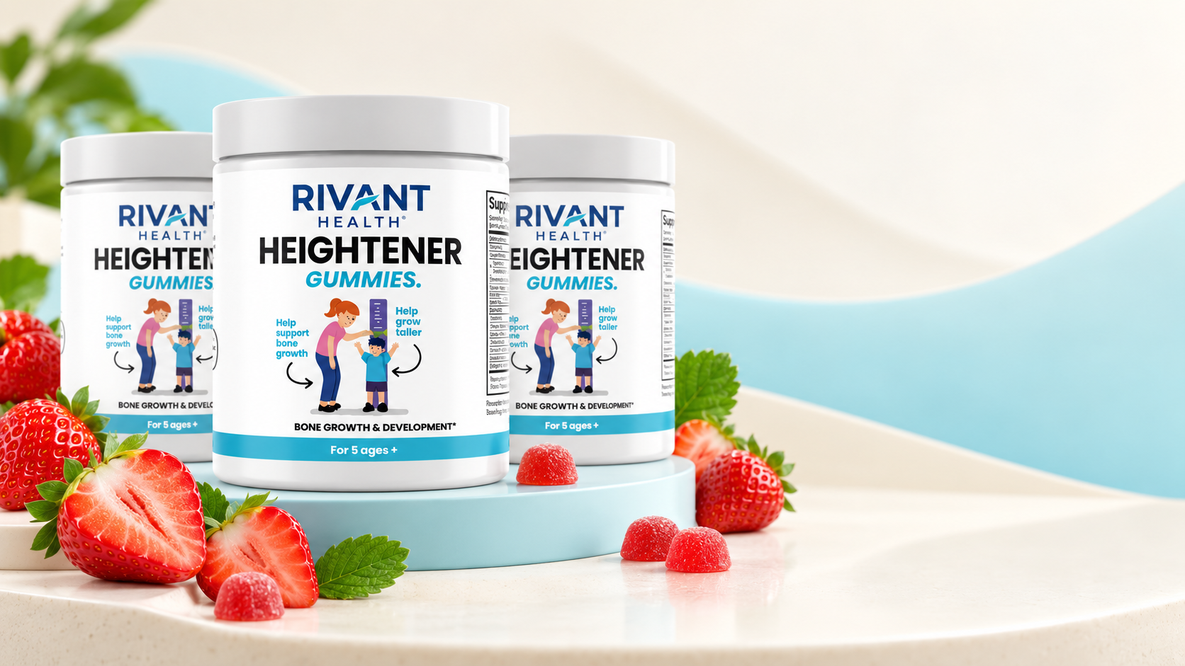 Rivant Heightener Gummies bottles and strawberries